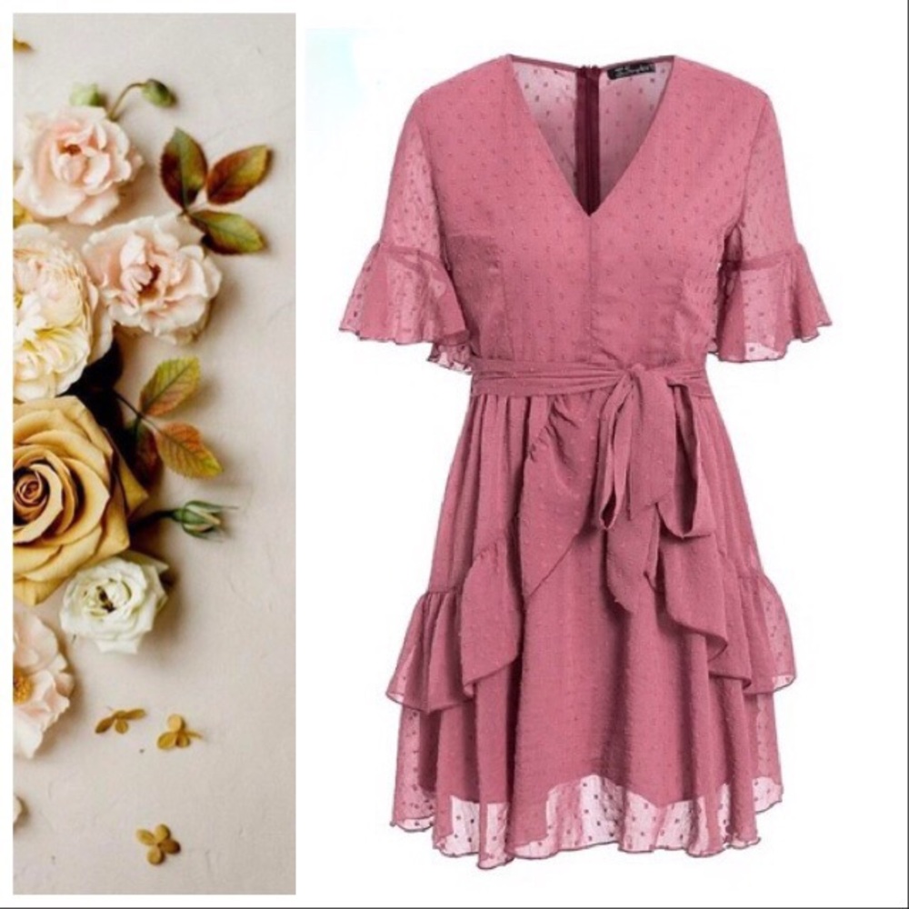 *CLEARANCE* Dusty Rose Boho Swiss Dot Mini Dress - Picture 4 of 7